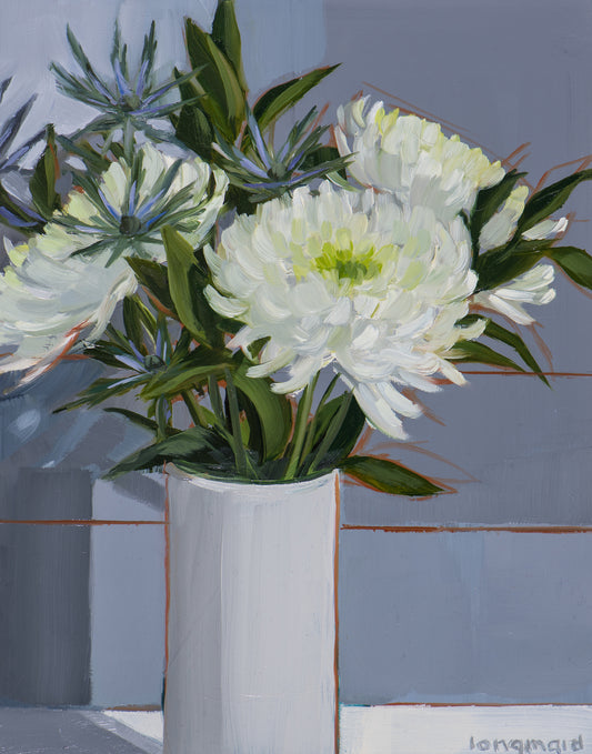 White Chrysanthemums and Blue Eryngium